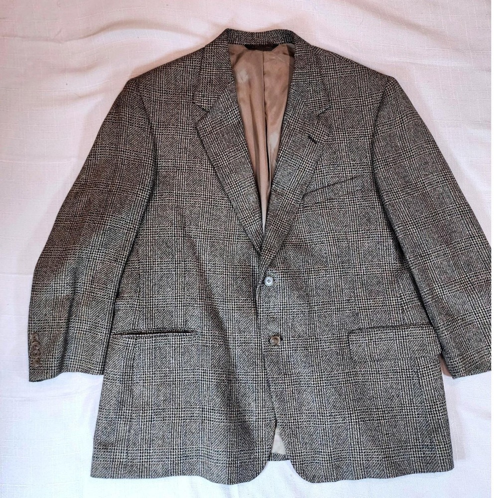 Vintage JC Harris 80s Sport Coat Mens 46R Grey Plaid Check Blazer Jacket